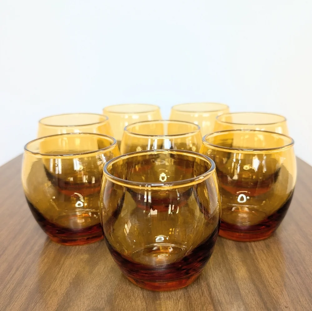 Set Of 8 Vintage 60s 70s MCM Amber Color Roly Poly Glasses Whiskey Stemless Wine